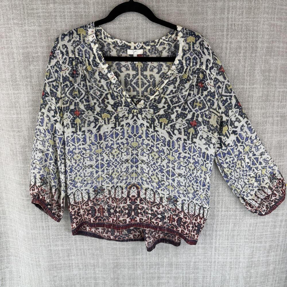 JOIE Blouse Tunic Womens XS Multicolor Geometric Silk 3/4 Sleeve Sheer